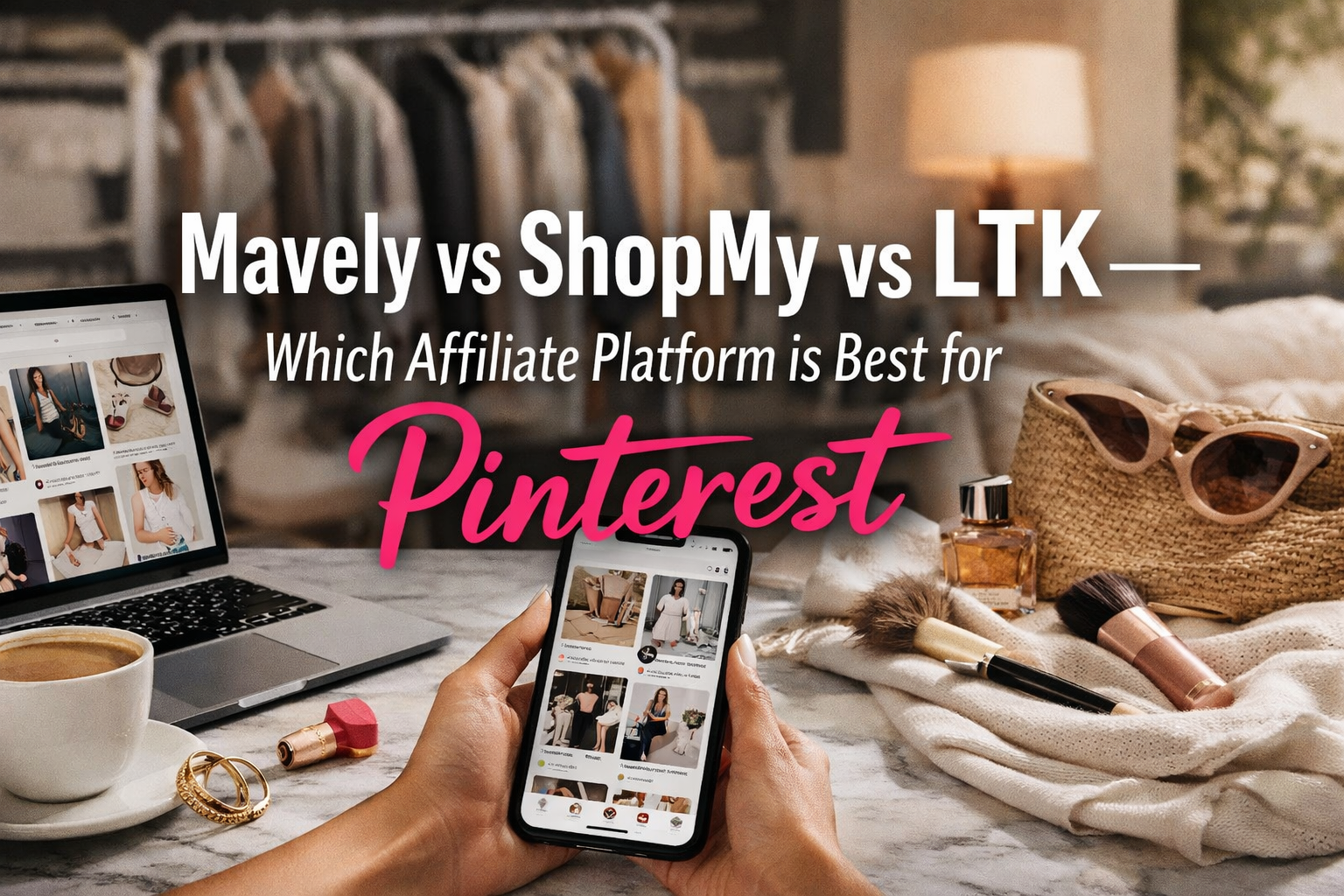 Professional landscape hero image () with : "Mavely vs ShopMy vs LTK — Which Affiliate Platform is Best for Pinterest".